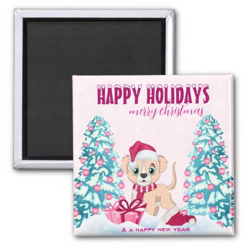 Cute Puppy Cartoon Pink Christmas Holidays Magnet