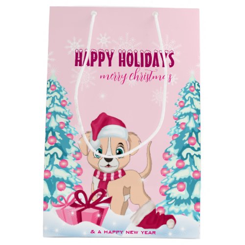 Cute Puppy Cartoon Pink Christmas Holidays Medium Gift Bag
