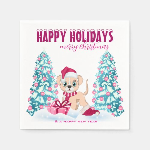 Cute Puppy Cartoon Pink Christmas Holidays Napkins