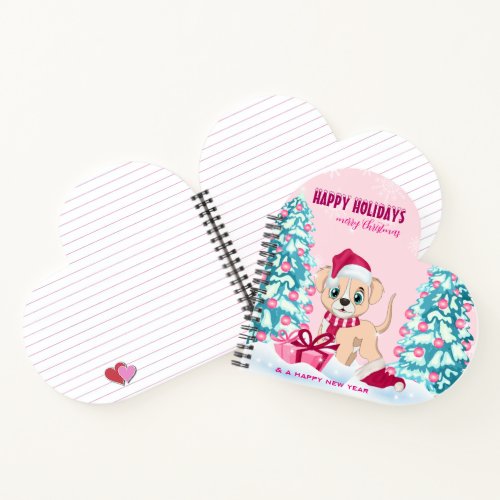 Cute Puppy Cartoon Pink Christmas Holidays Notebook