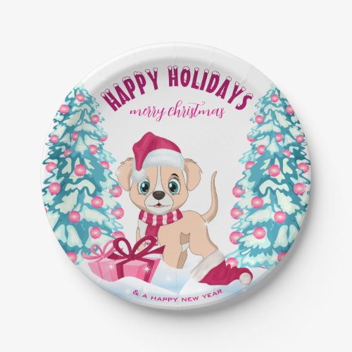 Cute Puppy Cartoon Pink Christmas Holidays Paper Plates