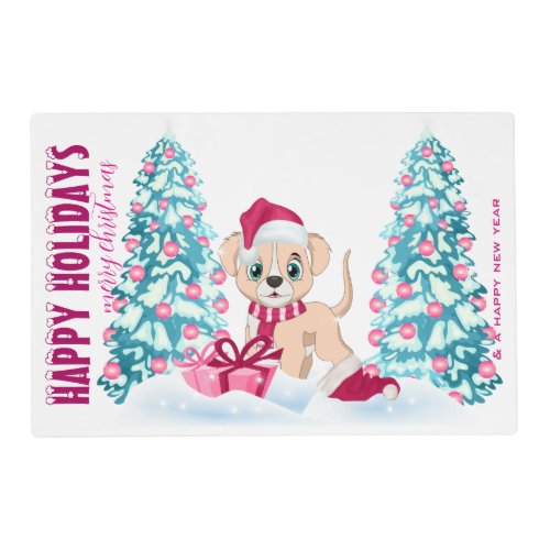 Cute Puppy Cartoon Pink Christmas Holidays Placemat