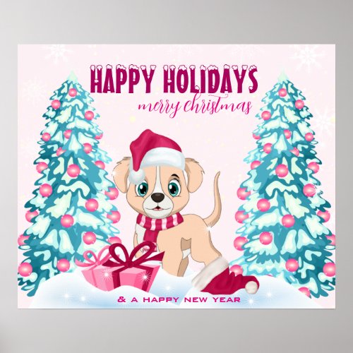 Cute Puppy Cartoon Pink Christmas Holidays Poster