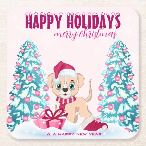 Cute Puppy Cartoon Pink Christmas Holidays Square Paper Coaster