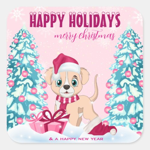 Cute Puppy Cartoon Pink Christmas Holidays Square Sticker