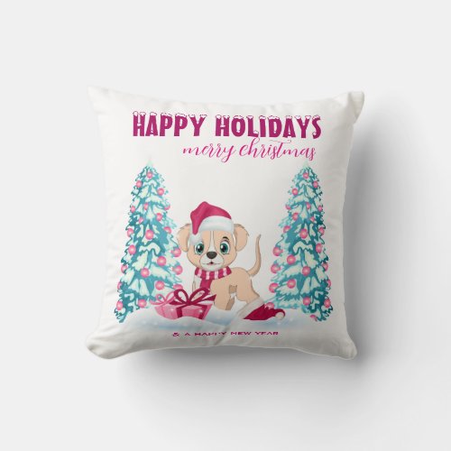Cute Puppy Cartoon Pink Christmas Holidays Throw Pillow