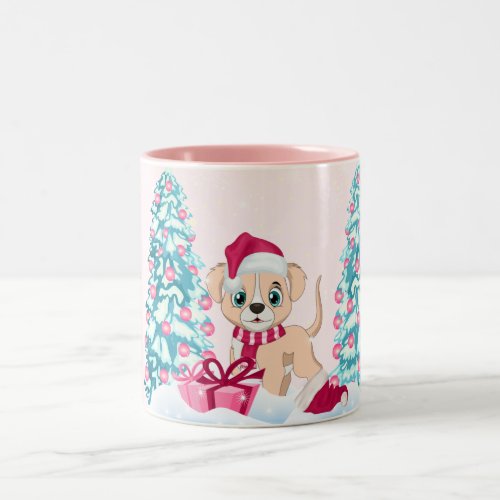 Cute Puppy Cartoon Pink Christmas Holidays Two_Tone Coffee Mug
