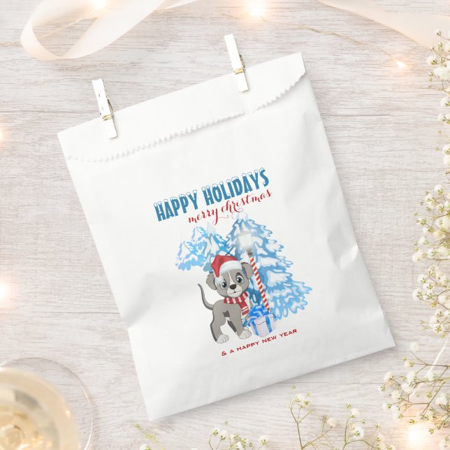 Cute Puppy Cartoon Snowy Christmas Holidays Favor Bag (Clipped)