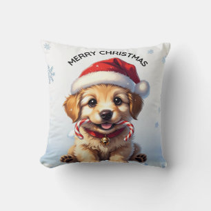 Cute Puppy Christmas Golden Retriever Holiday  Throw Pillow