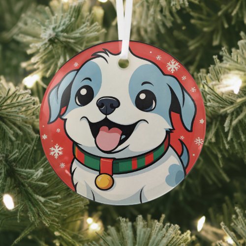 Cute Puppy Christmas Holiday Red White Blue Snow Glass Ornament