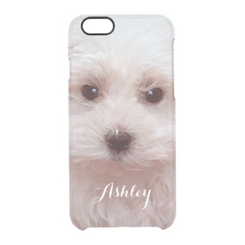 Cute Puppy Close Up Face with Custom Monogram Name Clear iPhone 66S Case