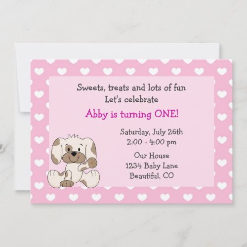 Cute Puppy Dog 1st Birthday Invitation for Girls