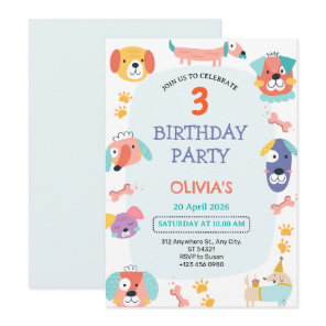 Cute Puppy Dog 3rd Birthday Party Invitation