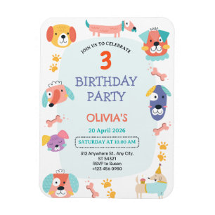 Cute Puppy Dog 3rd Birthday Party Invitation Magnet
