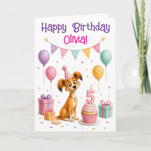 Cute Puppy Dog 5th Birthday Card for Girl