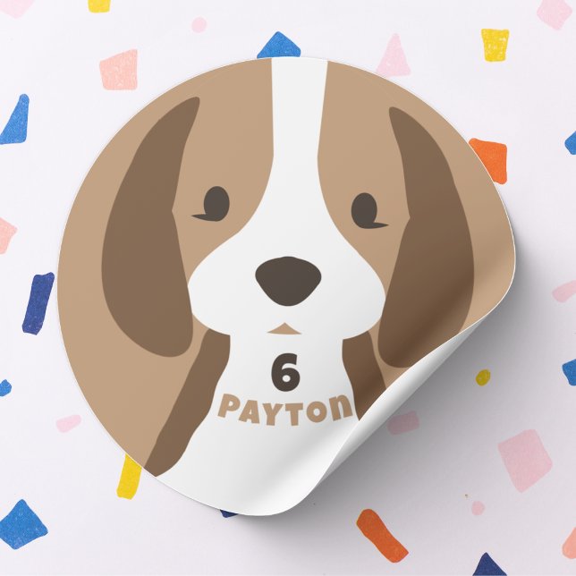 Cute Puppy Dog Age & Name Kid's Birthday Party Classic Round Sticker (cute puppy dog birthday sticker with custom age and name)