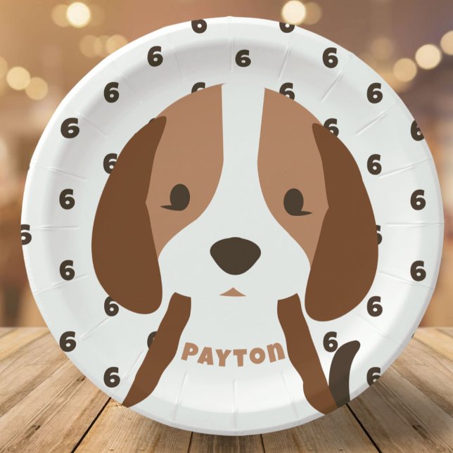 Cute Puppy Dog Age & Name Kid's Birthday Party Paper Plates (paper birthday party plates with cute puppy dog and custom name and age)