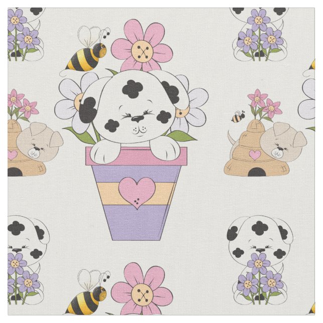 Cute Puppy Dog and Flowers Fabric (Close Up)
