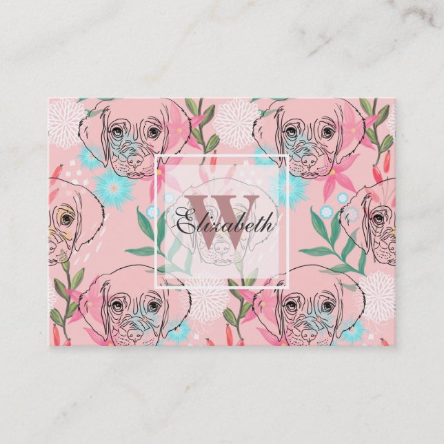 Cute Puppy Dog and Flowers Pink Creative Art Business Card (Front)