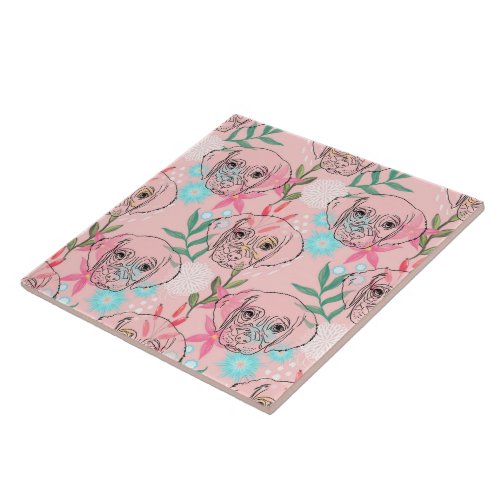 Cute Puppy Dog and Flowers Pink Creative Art Ceramic Tile