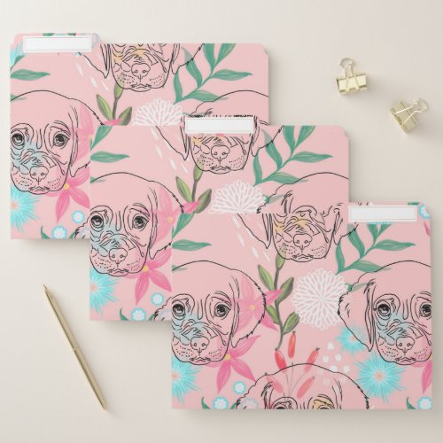 Cute Puppy Dog and Flowers Pink Creative Art File Folder