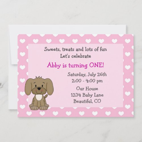 Cute Puppy Dog 1st Birthday Invitation for Girls