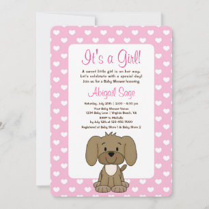 Cute Puppy Dog and Hearts Pink Baby Shower Invitation