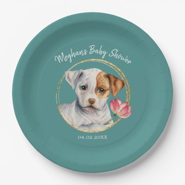 Cute Puppy Dog Baby Shower Teal Paper Plates (Front)
