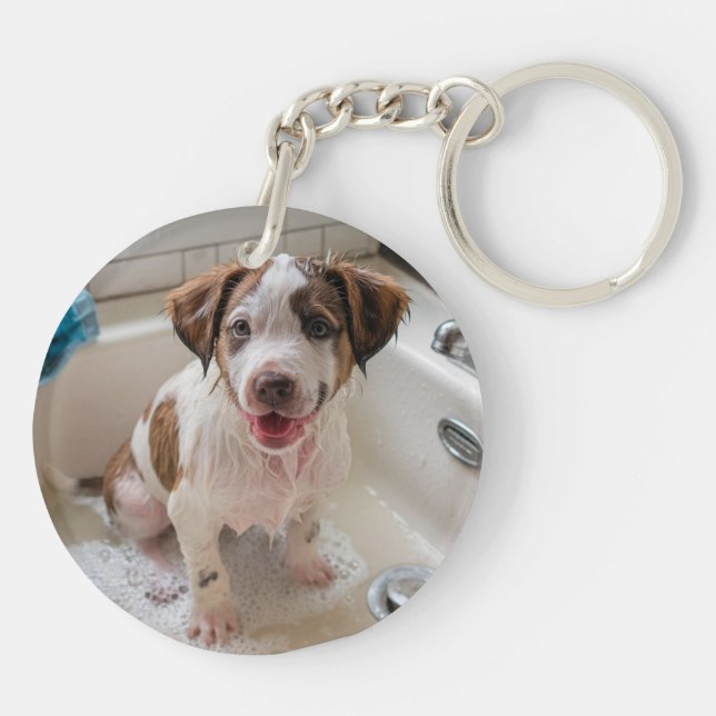 Cute Puppy Dog Bathtime Round Acrylic Keychain (Back)