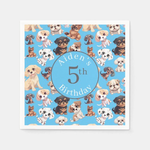 Cute Puppy Dog Birthday Blue Napkins