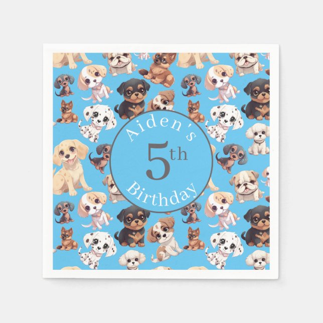 Cute Puppy Dog Birthday Blue Napkins (Front)