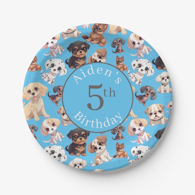 Cute Puppy Dog Birthday Blue Paper Plates (Front)