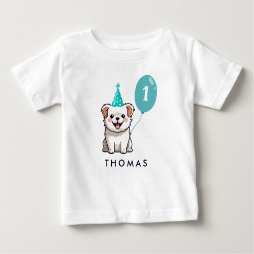 Cute Puppy Dog Birthday Boy Blue Balloon Baby T_Shirt