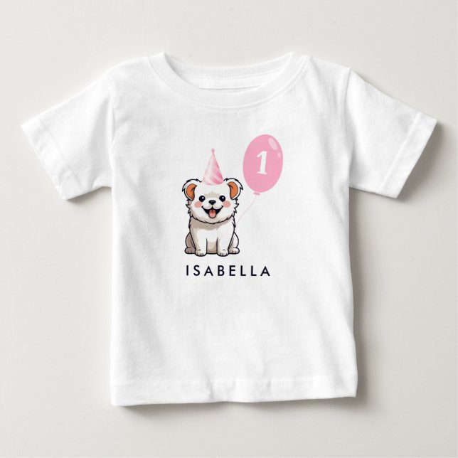 Cute Puppy Dog Birthday Girl Pink Balloon Baby T-Shirt (Front)