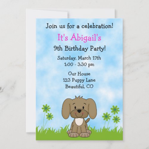 Cute Puppy Dog Birthday Invitation for Girls