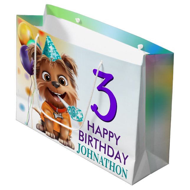 Cute Puppy Dog Birthday Party Large Gift Bag (Front Angled)