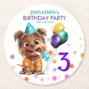 Cute Puppy Dog Birthday Party Round Paper Coaster