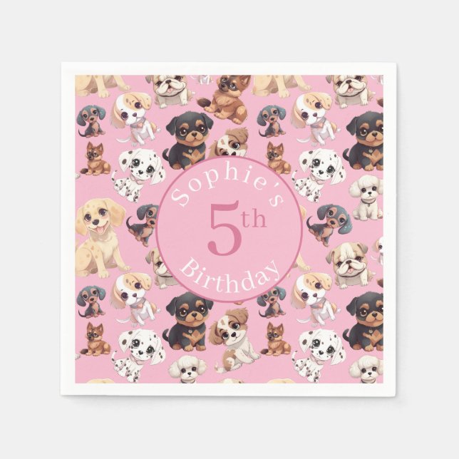 Cute Puppy Dog Birthday Pink Napkins (Front)