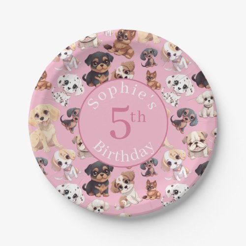 Cute Puppy Dog Birthday Pink Paper Plates