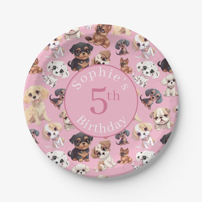 Cute Puppy Dog Birthday Pink Paper Plates (Front)