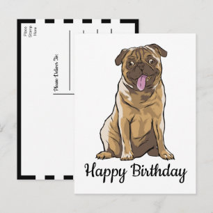 Cute Puppy Dog Black White Cartoon Pug Birthday Postcard