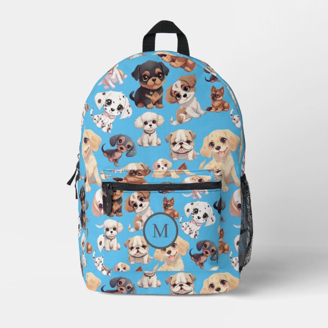 Cute Puppy Dog Blue Printed Backpack (Front)