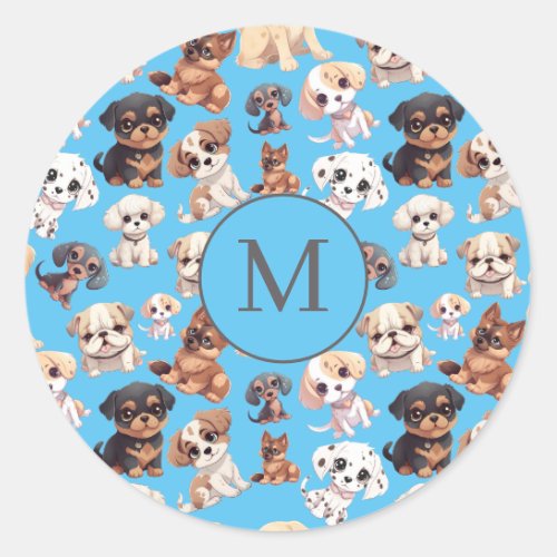 Cute Puppy Dog Blue Small Classic Round Sticker