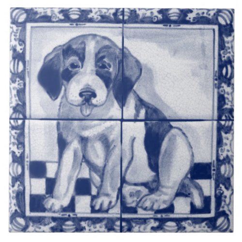 Cute Puppy Dog Blue White Dedham Delft Trivet