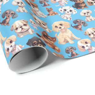 Cute Puppy Dog Blue Wrapping Paper