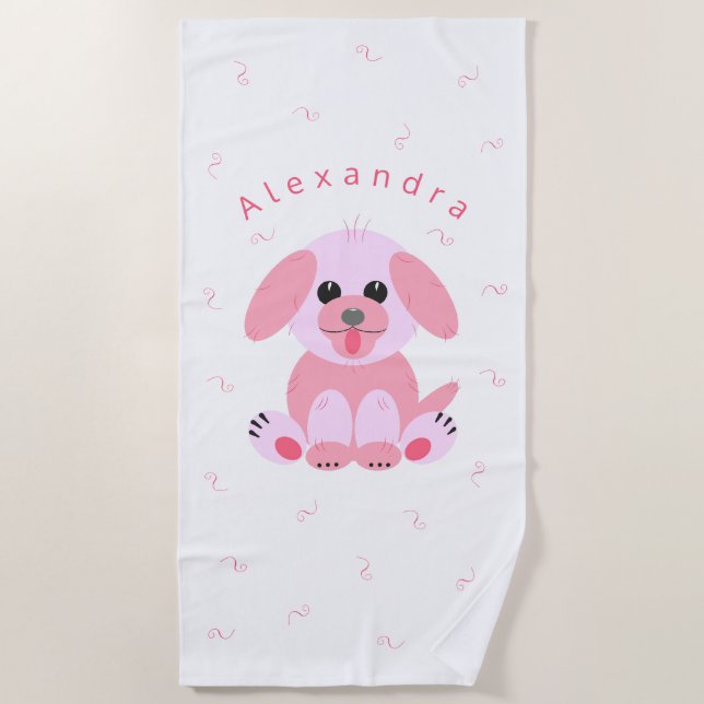 Cute Puppy Dog Blush Pink Cartoon Personalized Beach Towel (Front)