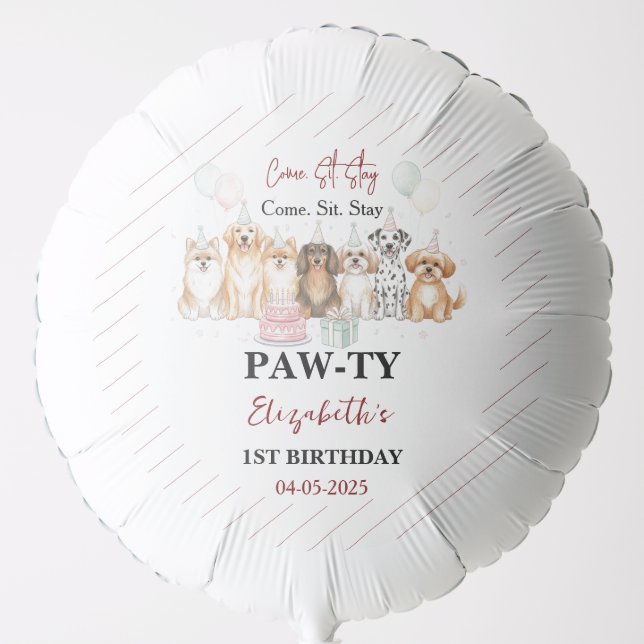 Cute Puppy Dog Boy 1st Birthday | Pawty Time First Balloon (Front)