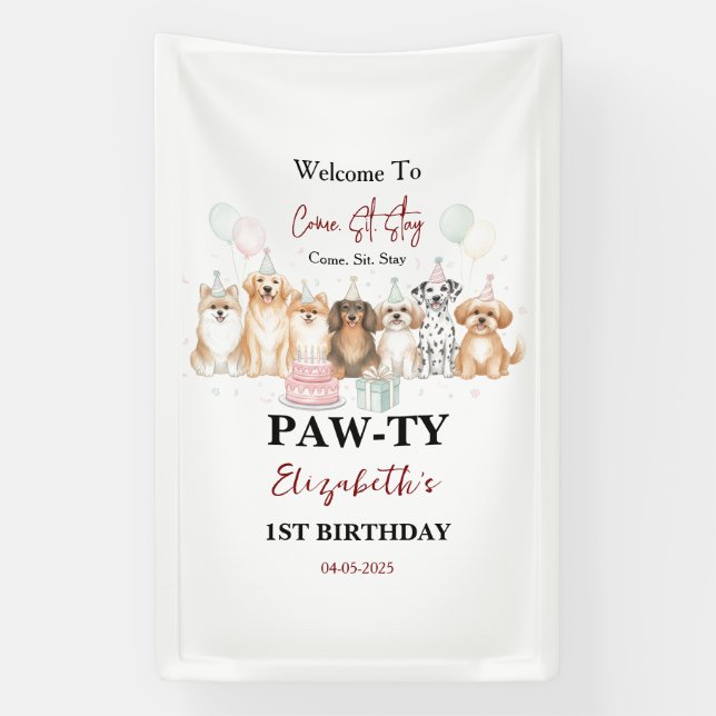 Cute Puppy Dog Boy 1st Birthday | Pawty Time First Banner (Vertical)