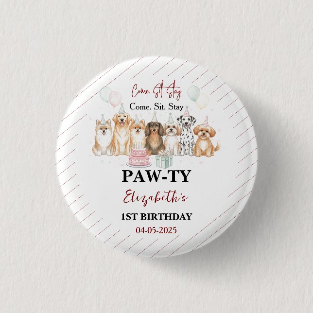 Cute Puppy Dog Boy 1st Birthday | Pawty Time First Button (Front)
