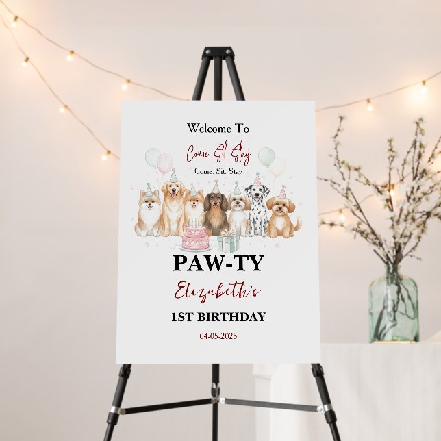Cute Puppy Dog Boy 1st Birthday | Pawty Time First Foam Board (In Situ (Stand))